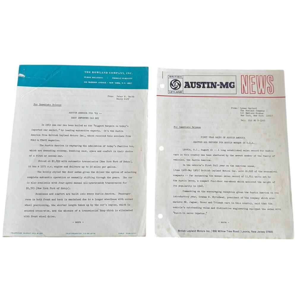 VTG 1969 Austin America First Yearโ Sales British Leyland BMH Dealership Memo